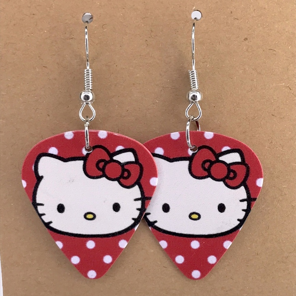 Hello Kitty Multicolor Earrings with Red Bow Custom Guitar Pick Fashion Jewelry - Picture 3 of 4
